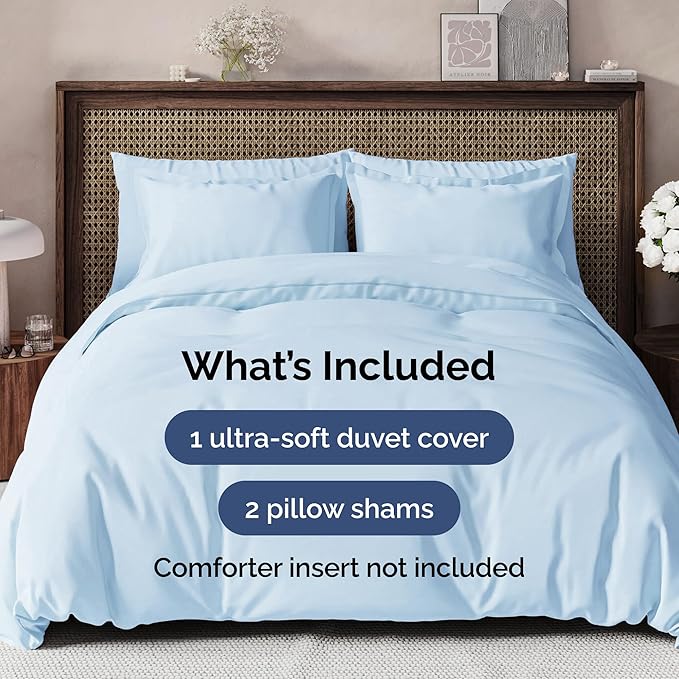 Duvet Cover Queen Size Set - Extra Soft Queen Size Duvet Cover 90 x 90 with 2 Pillow Shams - Hotel Luxury Easy Care and Fade Free w/Zipper Closures & Ties - Comfy Breathable Bedding Set (Light Blue)