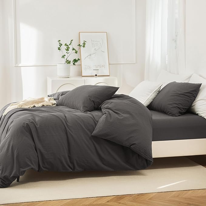 JIYUAN 100% Washed Cotton Duvet Cover Set 3 Pieces Oversized King, 1 Duvet Cover 120x98 Inches(Comforter Not Included) and 2 Pillowcases,Linen Feel Bedding Set Comfy and Breathable,Solid Dark Grey