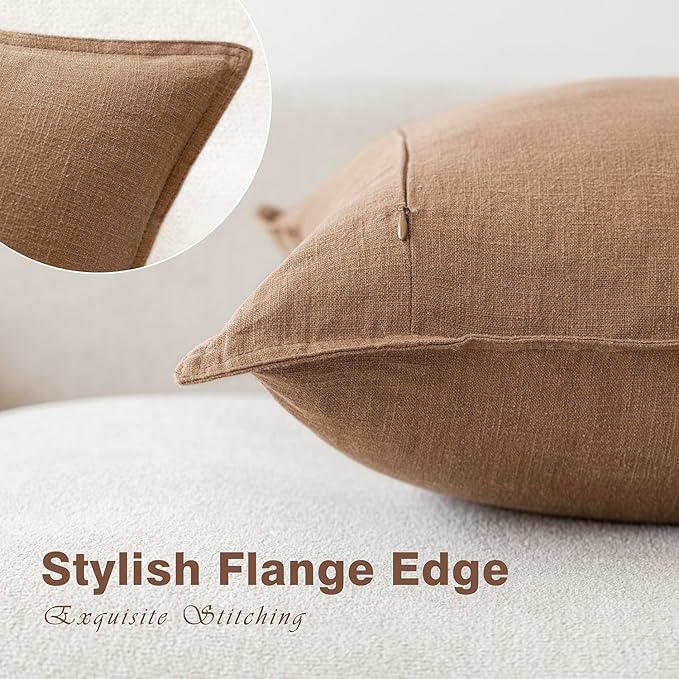 Foindtower Pack of 2, Decorative Linen Soild Throw Pillow Covers Soft Accent Cushion Case Boho Farmhouse Pillowcase for Chair Couch Sofa Bedroom Living Room Home Decor 22 x 22 Inch Light Khaki Brown