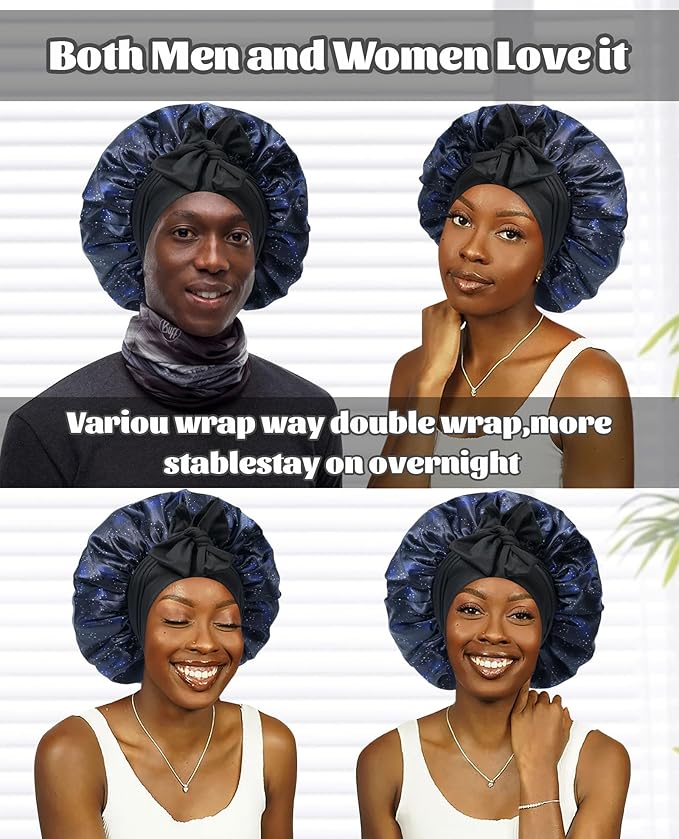 Satin Bonnet Silk Bonnet for Sleeping Silk Sleep Cap Double Layer Hair Bonnet with Elastic Tie Band for Curly Hair Night Cap(Nebula+Black)
