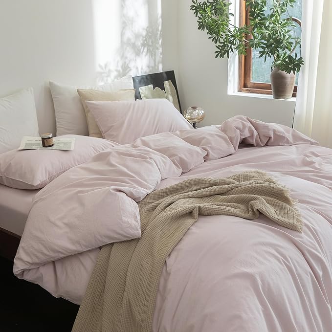 FOSSA Duvet Cover Set 100% Washed Cotton Linen Feel Super Soft Breathable Cozy 3 Pieces Bedding Sets Solid Greyish Pink King