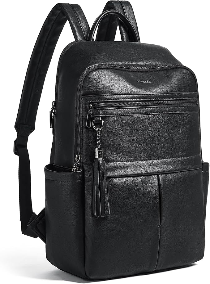 Leather Laptop Backpack for Women, 15.6" Causal Daypack Backpacks Purse Computer Backpack with Laptop Compartment for Travel Work College Business, Black