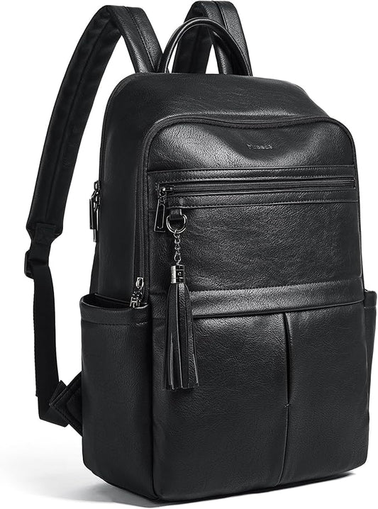 Leather Laptop Backpack for Women, 15.6" Causal Daypack Backpacks Purse Computer Backpack with Laptop Compartment for Travel Work College Business, Black