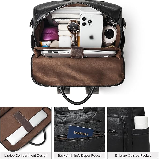 Shrrie 15.6 inch Laptop Backpack for Women,Large Leather Backpack Purse,Travel,Carry on,Water Resistant Casual Laptop Backpacks,College Backpack,Work Backpack for Women,Two-tone Black