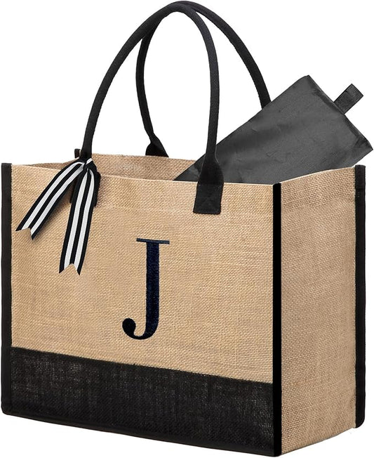 BeeGreen Embroidery Monogram Initial Tote Bag for Women Teacher Mom Friend Personalized Gift for Birthday Beach Work Wedding