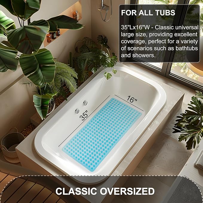 Bath Mat for Tub & Shower, Non Slip Soft Bathmat with Suction Cups & Drain Holes, Machine Washable Bathtub Floor Liner Mats for Bathroom, 35x16 Inch, Clear Blue