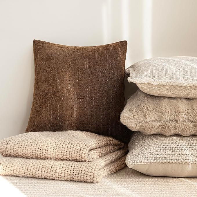 Foindtower Set of 2 Soft Textured Chenille Throw Decorative Pillow Covers Square Accent Solid Cushion Cover Cozy Neutral Farmhouse Pillow Case for Couch Sofa Bedroom Living Room 18x18 Inch,Dark Bronze