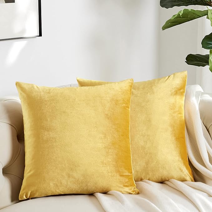 GIGIZAZA Decorative Throw Pillow Covers 18 x 18, Yellow Soft Pillow Covers Velvet,Set of 4 Decor Square Cushion Covers