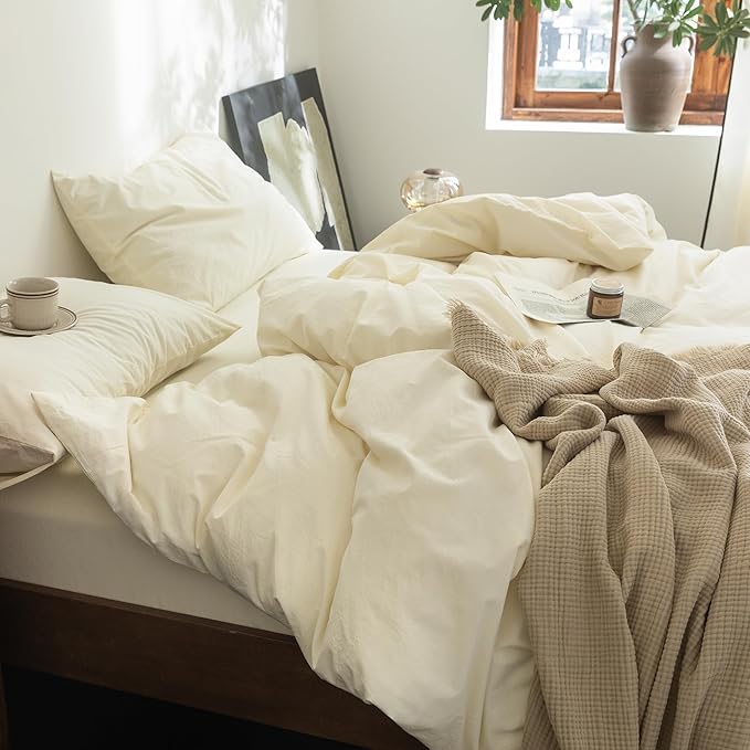FOSSA Duvet Cover Set 100% Washed Cotton Linen Feel Super Soft Breathable Cozy 3 Pieces Bedding Sets Solid Cream White Oversized King