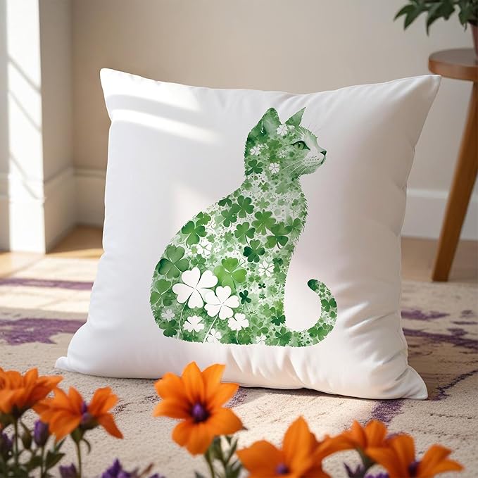 St Patrick's Day Cat Pillow Covers 18x18, Four Leaf Clover St Patrick's Day Pillow Covers, Lucky Shamrock St Patricks Day Cat Room Decor, St Patrick's Day Decorations for Sofa Bed Living Room