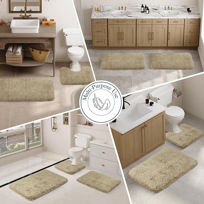 Walensee Contour Rug (20x24, Sand) Non Slip Bath Mat for Bathroom - Water Absorbent Soft Microfiber Shaggy Mat - Machine Washable - U Shape Toilet Rug