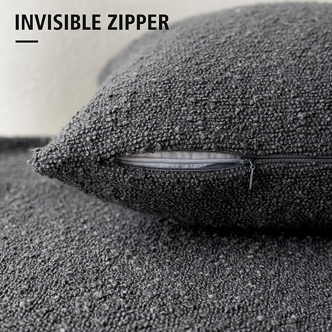 Foindtower Set of 2, Decorative Textured Boucle Throw Pillow Covers Accent Solid Pillow Cases Neutral Soft Cozy Couch Cushion Case for Chair Sofa Bedroom Living Room Home Decor 26 x 26 Inch Dark Grey