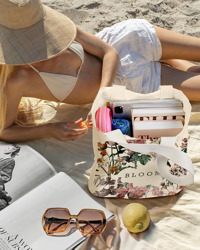 Aesthetic Heavy Canvas Tote Bag with Pocket for Women, Cloth Gusseted Totes Bag with Pattern for Shopping