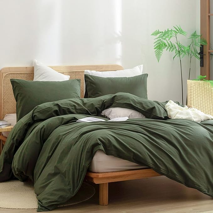 BESTOUCH Duvet Cover Set 100% Washed Cotton Linen Feel Super Soft Comfortable Chic Lightweight 3 PCs Home Bedding Set Solid Olive Green Full/Double
