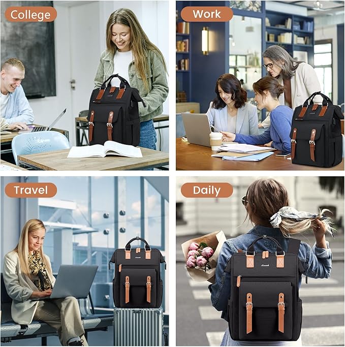 LOVEVOOK Laptop Backpack Purse for Women Work Traveling Commuter Backpack Business Computer Bag Doctor Nurse Bags College Backpack Teacher Laptop Bag, 15.6 Inch, Black-brown (Upgraded)