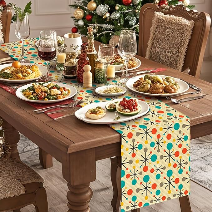 Mid Century Burlap Table Runner Seasonal Spring Fall Kitchen Dining Linen Table Decoration for Indoor Outdoor Home Party Dinner 13x72 Inch