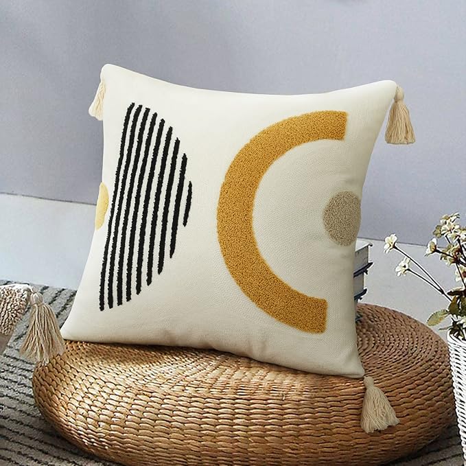 Merrycolor Boho Throw Pillow Covers with Tassels 18x18 Yellow Mid Century Modern Throw Pillows Geometric Decorative Abstract Pillow Cases Textured Boho Accent Pillows for Bed Couch Living Room,1PC