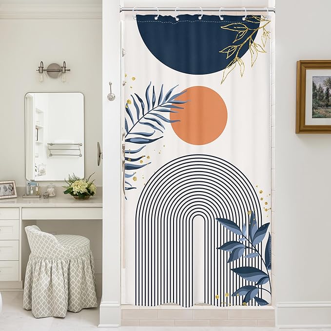 Small Stall Boho Shower Curtain 36Wx72H Navy Blue Modern Bohemian Mid Century Gold Leaves Orange Minimalist Geometric Bathroom Decor Half Narrow Bath Curtain Fabric Polyester 7 Pack Hooks