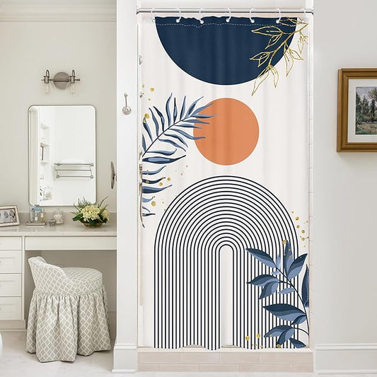 Small Stall Boho Shower Curtain 36Wx72H Navy Blue Modern Bohemian Mid Century Gold Leaves Orange Minimalist Geometric Bathroom Decor Half Narrow Bath Curtain Fabric Polyester 7 Pack Hooks