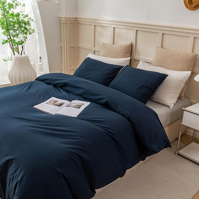 ECOCOTT Navy Blue Duvet Cover California King Size - 100% Washed Cotton Durable Soft Comfy Bedding Set, 3 Pieces Duvet Cover with Zipper Closure (Navy Blue, 104''x98'')