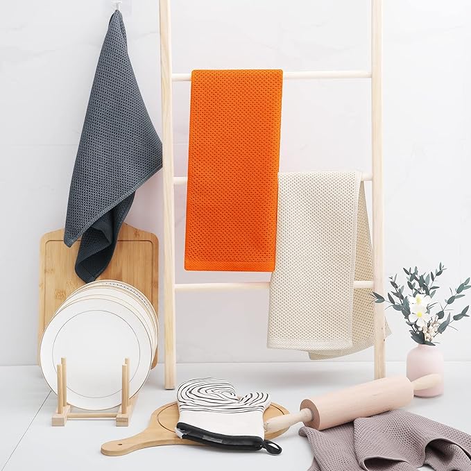 Homaxy 100% Cotton Waffle Weave Kitchen Dish Towels, Ultra Soft Absorbent Quick Drying Cleaning Towel, 13 x 28 Inches, 4-Pack, Orange