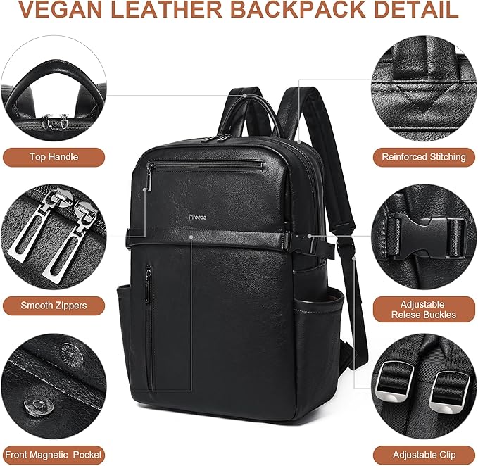 Leather Laptop Backpack for Women, 15.6 Inch Laptop Travel Backpack Purse Large Capacity Computer Bag, Casual Daypack Nurse Bag College Bookbag for School, Black