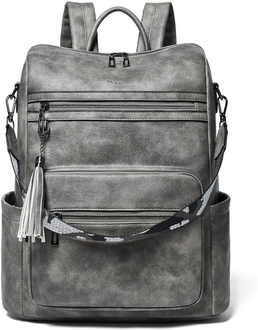 Shrrie 15.6 inch Laptop Backpack for Women,Large Leather Purse,Travel Backpacks Carry on,Water Resistant Casual Laptop Backpacks,College Backpack,Work Backpack for Women,Two-toned Deep Gray