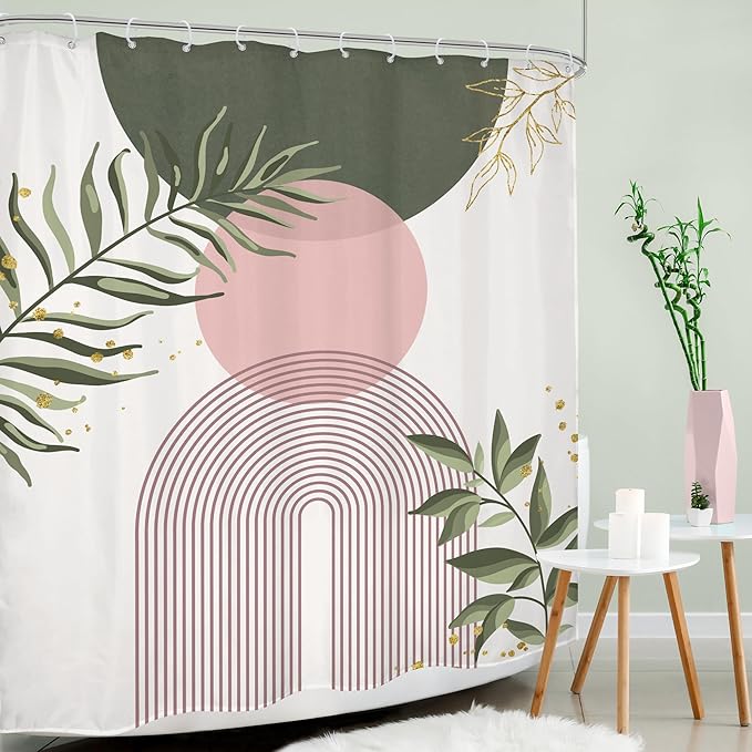 Pink Sage Green Boho Shower Curtain 60Wx72H Mid Century Modern Abstract Gold Leaves Plant Sun Bathroom Decor Minimalist Geometric Arch Line Aesthetic Bath Curtain Fabric Polyester 12 Pack Hooks