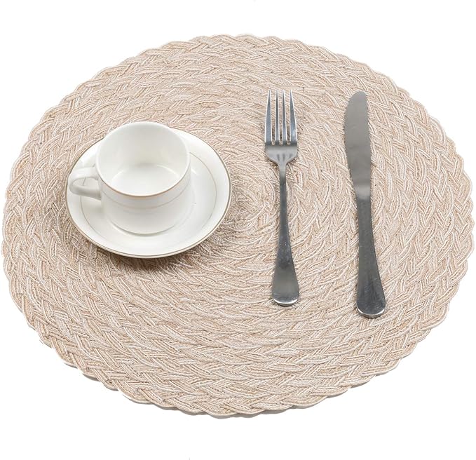 SHACOS Round Braided Placemats 15 inch Set of 4 Boho Woven Washable Kitchen Table Placemats for Home Wedding Party (T-Beige, 4)