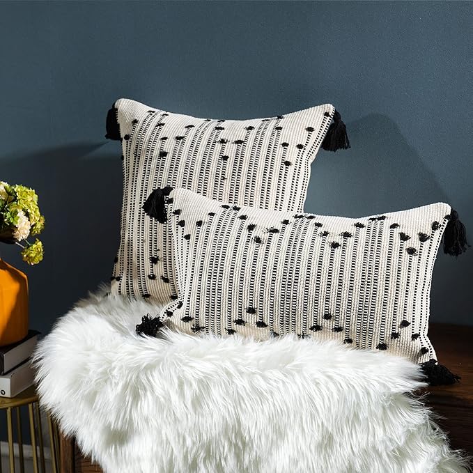 LIGICKY Boho Lumbar Pillow Covers Decorative Woven Tassel Throw Pillows Rectangle Pillow Sham Black and Off White Pillowcase for Couch Sofa Bed Car 12x20 Inch