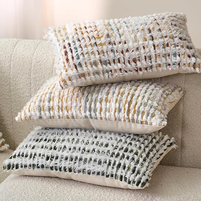 Aeckself Boho Chenille Tufted Pillow Cover 12 x 20 Inch, Rectangle Decorative Lumbar Throw Pillow Cover Neutral Pillowcase for Couch Bedroom Living Room, Green White