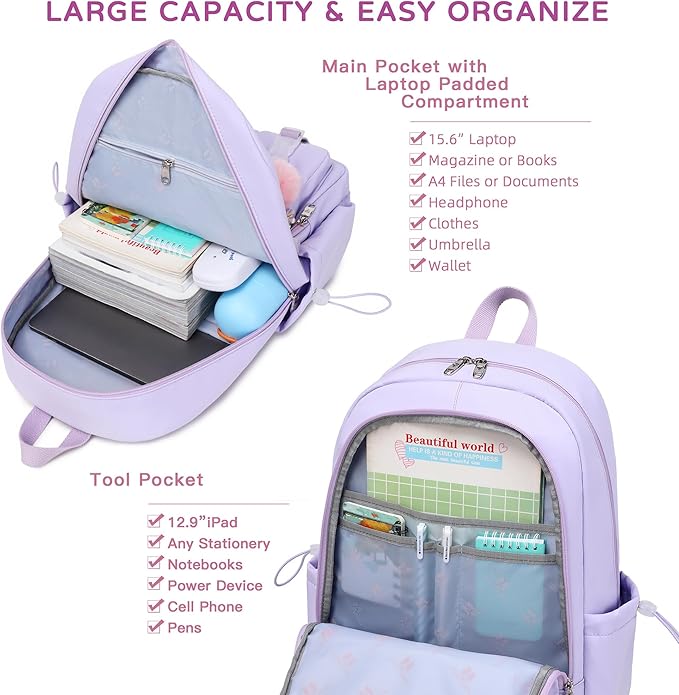 Laptop Backpack 15.6 Inch Kids Elementary Middle High School Bag College Backpacks Anti Theft Travel Back Pack Large Bookbags for Teens Girls Women Students (Purple)