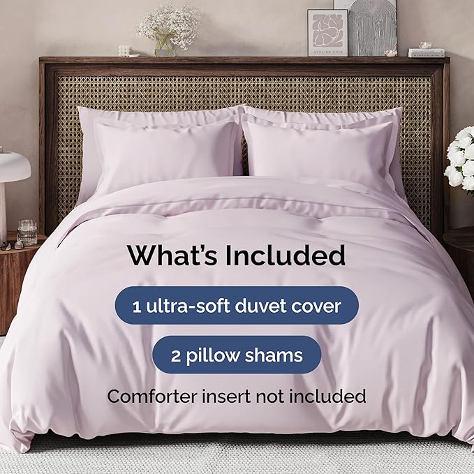 Duvet Cover Queen Size Set - Extra Soft Queen Size Duvet Cover 90 x 90 with 2 Pillow Shams - Hotel Luxury Easy Care and Fade Free w/Zipper Closures & Ties - Breathable Bedding Set (Light Lavender)