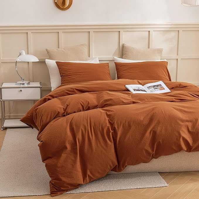 ECOCOTT Brown Duvet Cover Queen Size, 3 Piece 100% Washed Cotton 1 Duvet Cover with Zipper and 2 Pillowcases, Ultra Soft and Easy Care Breathable Cozy Bedding Set(Brown,Queen)