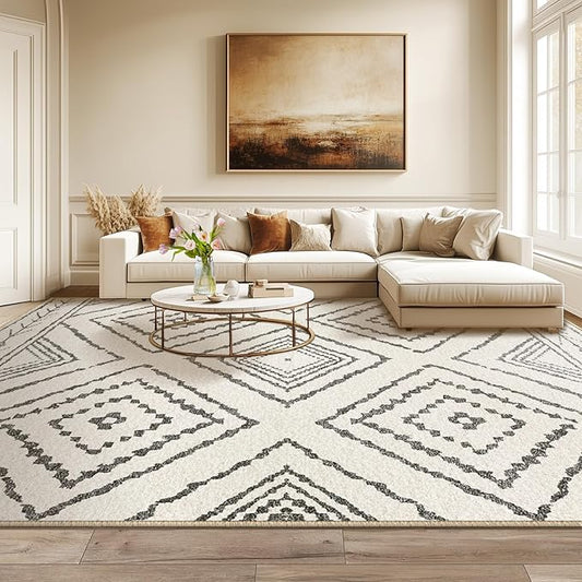 Area Rug 10x14 Rug Machine Washable Non-Slip Low Pile Print Pattern Western Rug for Living Room Bedroom Entryway Tribal Series -Navywhite/Black