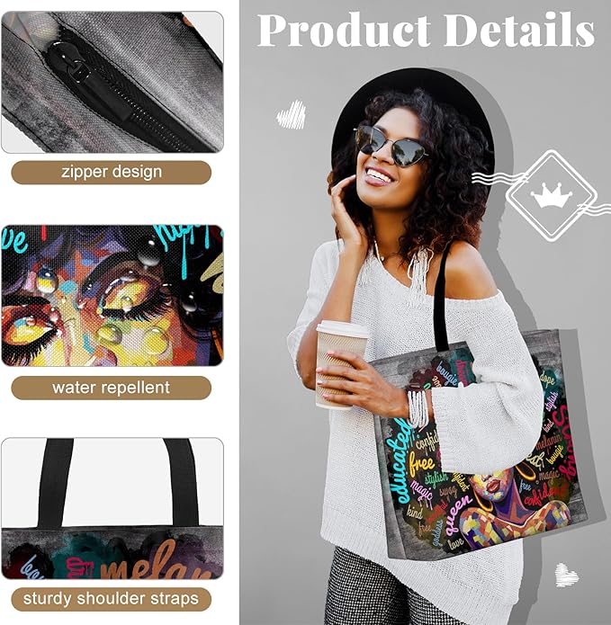 African American Black Women Tote Bag Black Girl Magic Shoulder Handbag For Work Travel Beach Shopping