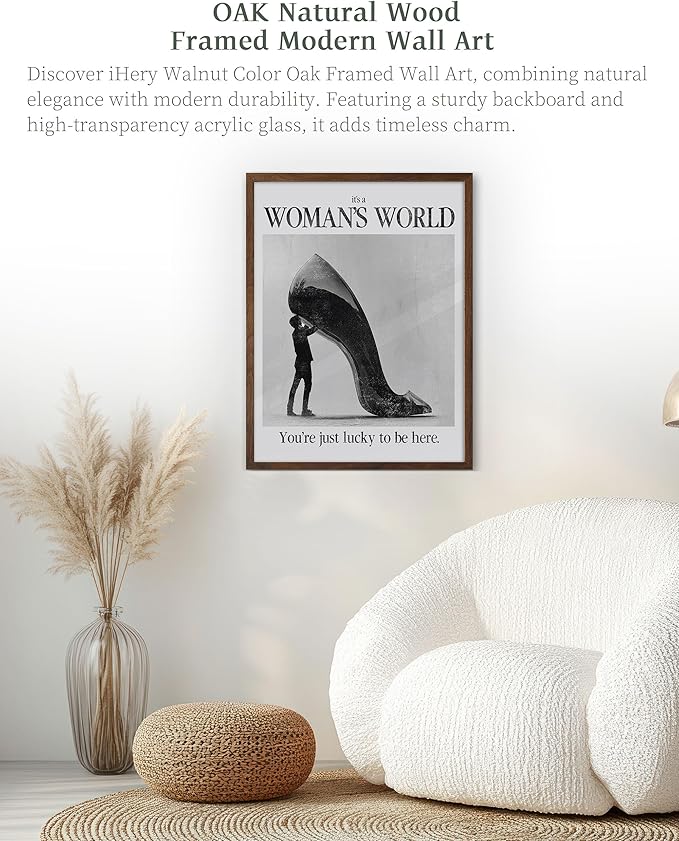 iHery Natural OAK Wood Woman's World Walnut Color Framed Wall Art, 12x16in Retro Feminist Modern Hot Girls Canvas Wall Art, Trendy Black High Heels Bedroom Decor, Bathroom Living Room 1Pack