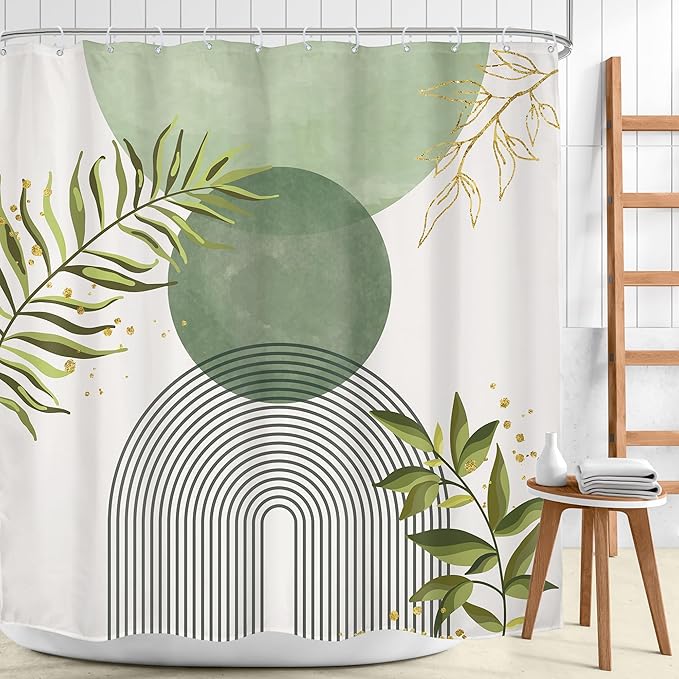 Sage Green Boho Shower Curtain 72Wx72H Modern Abstract Bohemian Leaves Minimalist Neutral Botanical Geometric Arch Bathroom Decor Mid Century Plant Bath Curtain Fabric Polyester 12 Pack Hooks