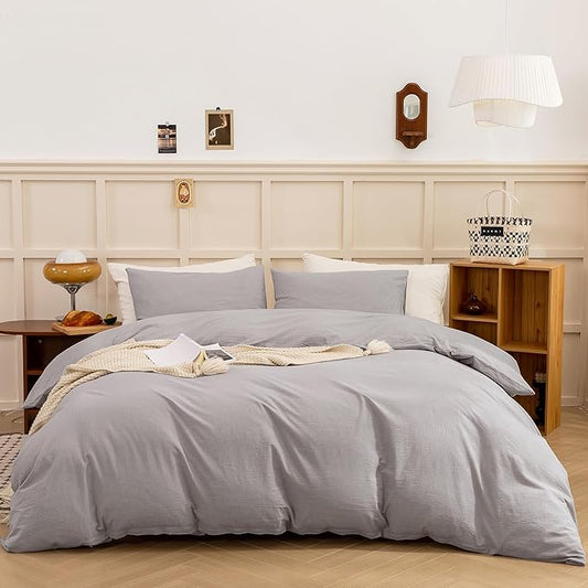 ECOCOTT Duvet Cover Set, 100% Washed Cotton Linen-Like Textured Soft & Breathable, Durable Comfy Bedding Set for All Seasons (Light Grey, King)