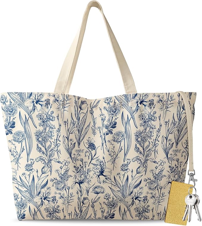 Large Tote Bag for Women - Aesthetic Cute Big Canvas Bags with Zipper Cotton Shoulder Bag for Gym, Travel, Work