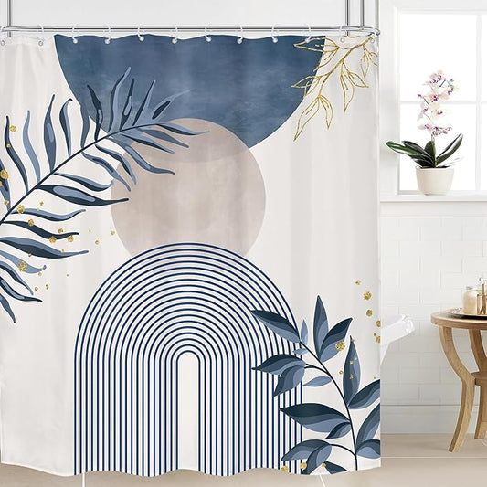 Navy Blue Boho Shower Curtain 72Wx78H Grey Modern Bohemian Abstract Leaves Plant Botanical Mid Century Minimalist Bathroom Decor Geometric Neutral Bath Curtain Fabric Polyester 12 Pack Hooks