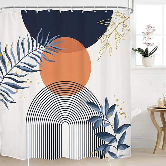 Navy Blue Boho Shower Curtain 72Wx72H Modern Abstract Bohemian Blue Gold Leaves Orange Minimalist Mid Century Plant Bathroom Decor Neutral Geometric Bath Curtain Fabric Polyester 12 Pack Hooks