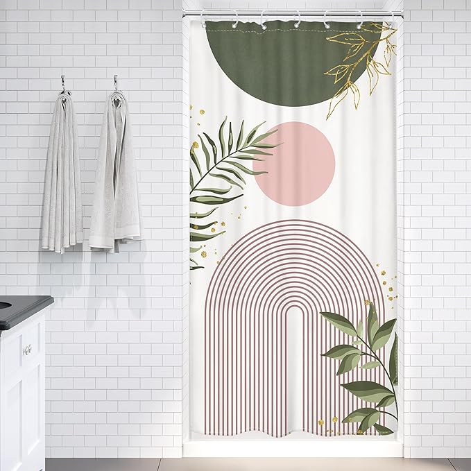Small Stall Boho Shower Curtain 36Wx72H RV Green Pink Modern Mid Century Abstract Leaves Plant Minimalist Geometric Bathroom Decor Half Narrow Standing Bath Curtain Fabric Polyester 7 Pack Hook