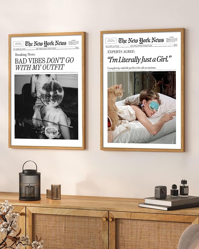 EcoHest Unframed Trendy Newspaper Magazine Wall Art, 12x16 in Bad Vibes Don't Go With My Outfit Disco Bar Canvas Wall Art, Preppy Retro Home Decor For Bedroom Living Room 1Pack
