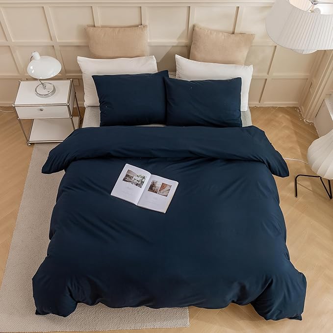 ECOCOTT Navy Blue Duvet Cover Oversized King Size - 100% Washed Cotton Durable Soft Comfy Bedding Set, 3 Pieces Duvet Cover with Zipper Closure (Navy Blue, 120"x 98")