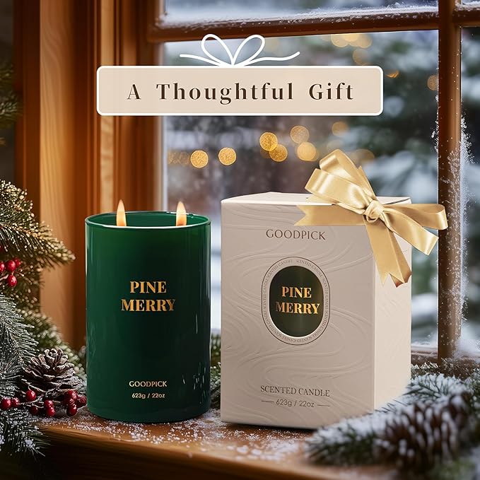 Goodpick Pine Merry Scented Candle, Soy Wax 22oz 120H Long Burning, Festive Pine Forest with Cedar & Juniper, Holiday Home Aromatherapy Candles
