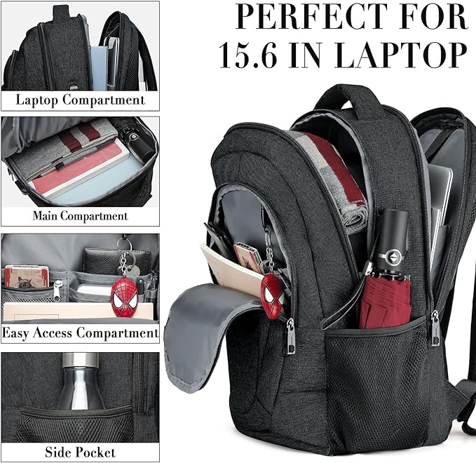 Travel Laptop Backpack for Men and Women, Backpacks for School Teen Boys, Business Anti Theft Slim Durable Back Pack with USB Charging Port, Adult Computer Bag Gift 15.6 IN Laptop, Black