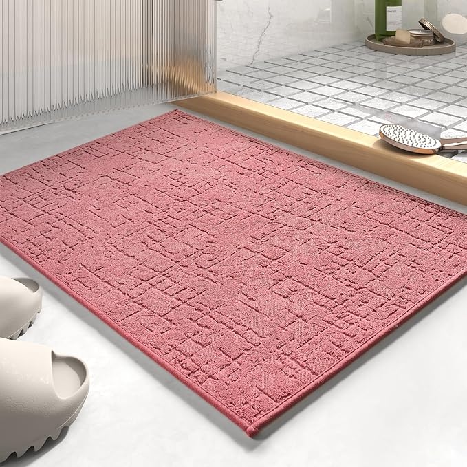 AMOAMI-Bath Mat-Absorbent Quick Dry Bathroom Floor Mats-Washable Rubber Backing Bath Mats for Bathroom Rugs Fit Under Door-Bath Rug for in Front of Sink Bathtub Shower Room, Pink 20''x32''