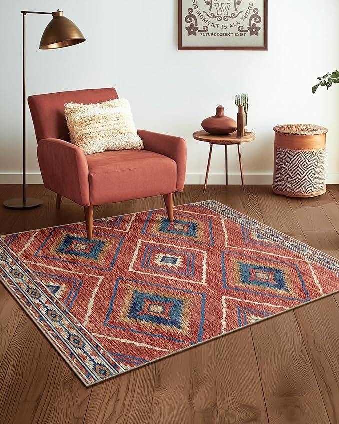 Area Rug 3x5 Rug Machine Washable Non-Slip Low Pile Print Pattern Western Rug for Living Room Bedroom Entryway Tribal Series -Red/Orange