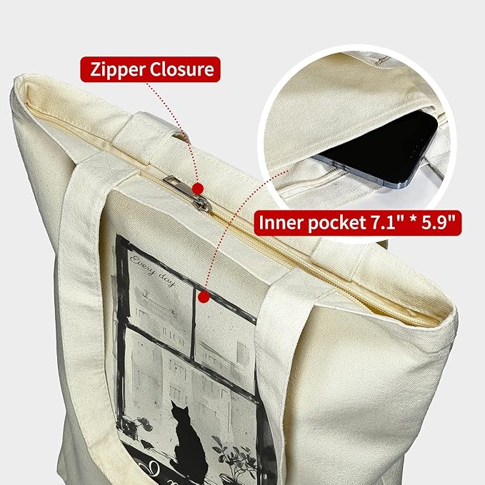 Tote Bag for Women, Reusable Zippered Canvas Bag with Handles Pocket Thick Canvas, for Grocery Shopping Beach Gift